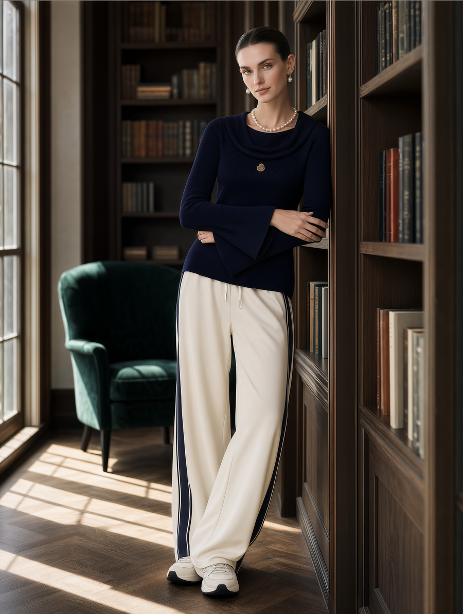 Navy Cowl Neck Knit Top & Cream Side Stripe Wide-Leg Pants Set