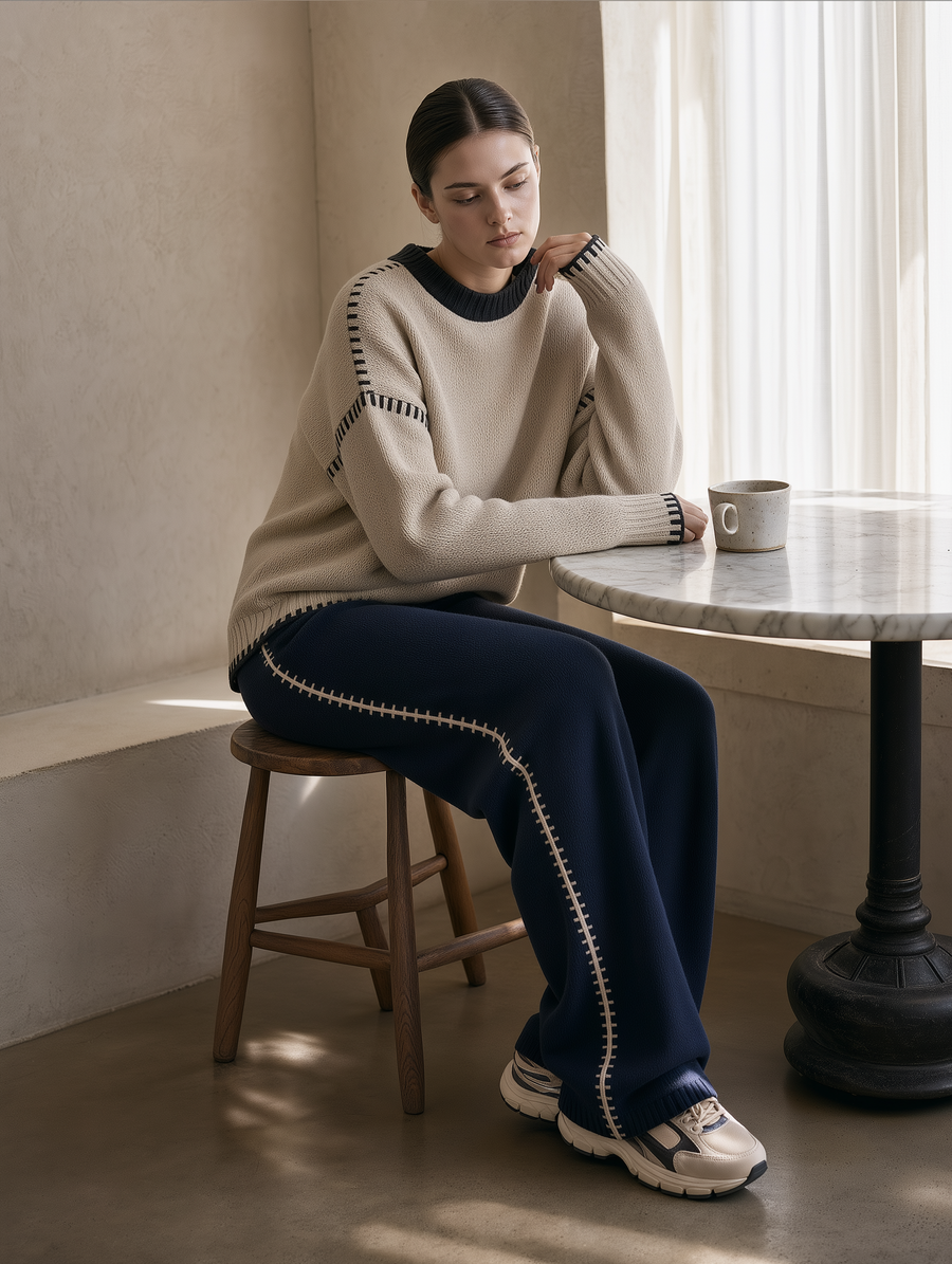 Beige Contrast-Stitch Oversized Sweater & Navy Wide-Leg Pants Set