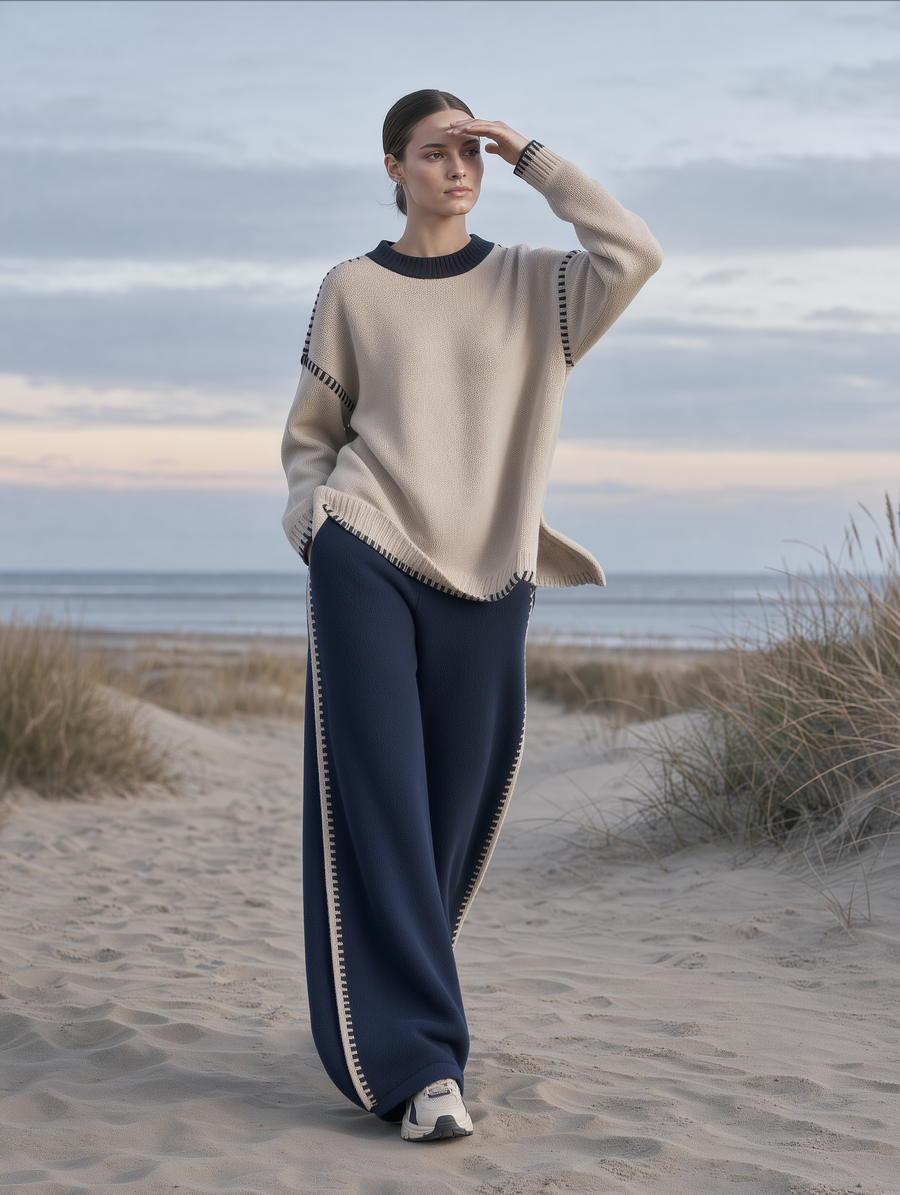 Beige Contrast-Stitch Oversized Sweater & Navy Wide-Leg Pants Set