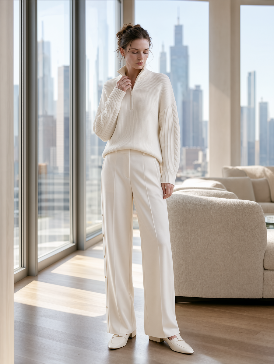 Ivory Half-Zip Cable Knit Sweater & White Snap-Side Wide-Leg Pants Set