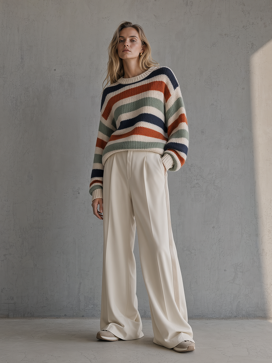 Retro Multicolor Stripe Chunky Sweater & Cream Wide-Leg Trousers Set