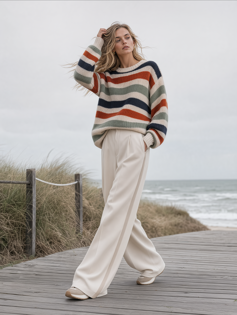 Retro Multicolor Stripe Chunky Sweater & Cream Wide-Leg Trousers Set
