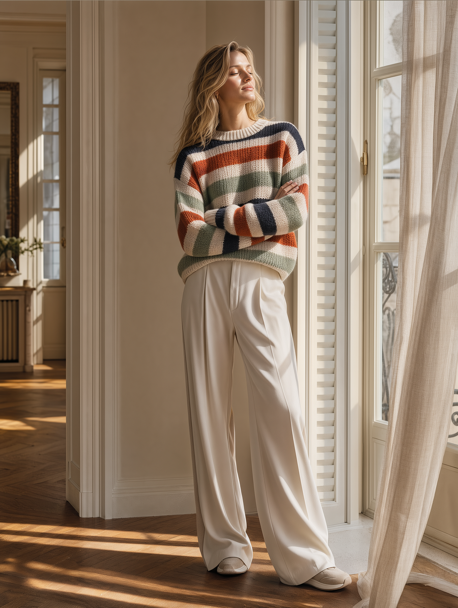 Retro Multicolor Stripe Chunky Sweater & Cream Wide-Leg Trousers Set