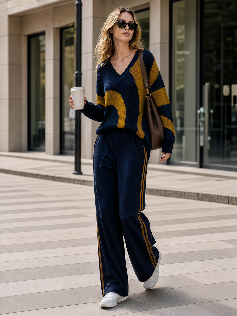 Navy Blue Color-block Jacquard V-neck Sweater And Wide-leg Casual Trousers Set