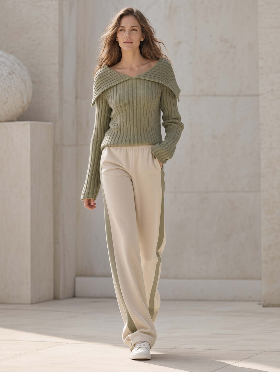 Stylish Casual Khaki-Green Long-Sleeve Sweater And Color-Block Trousers Set