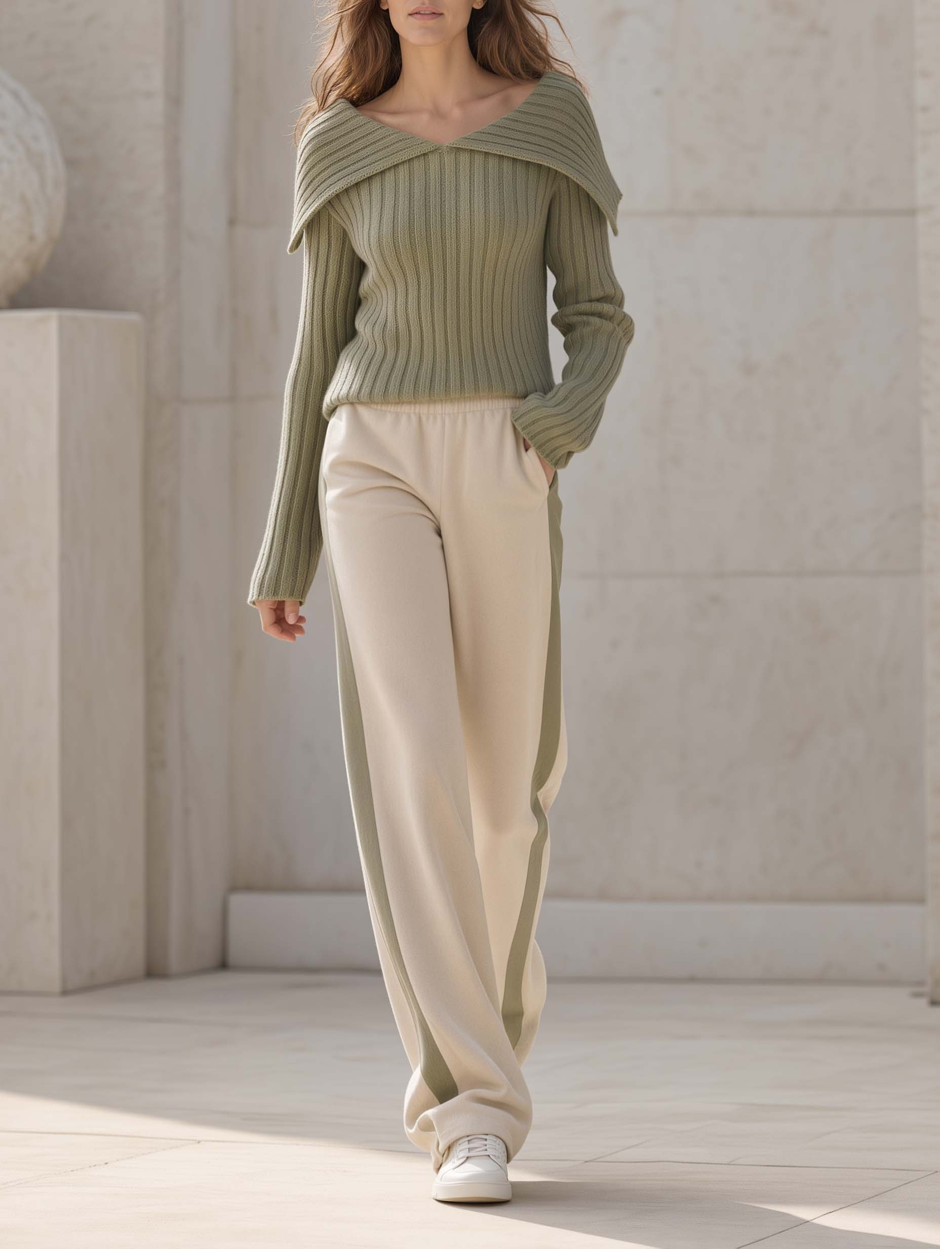 Stylish Casual Khaki-Green Long-Sleeve Sweater And Color-Block Trousers Set