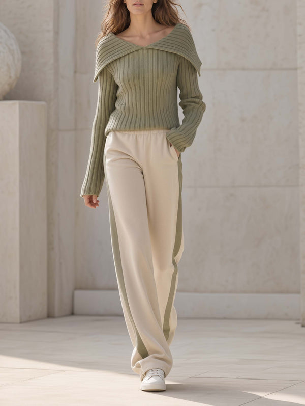 Stylish Casual Khaki-Green Long-Sleeve Sweater And Color-Block Trousers Set