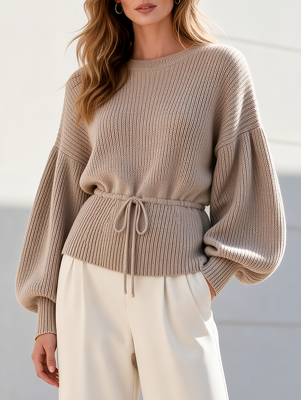 Light Khaki Lantern-Sleeve Drawstring-Waist Sweater