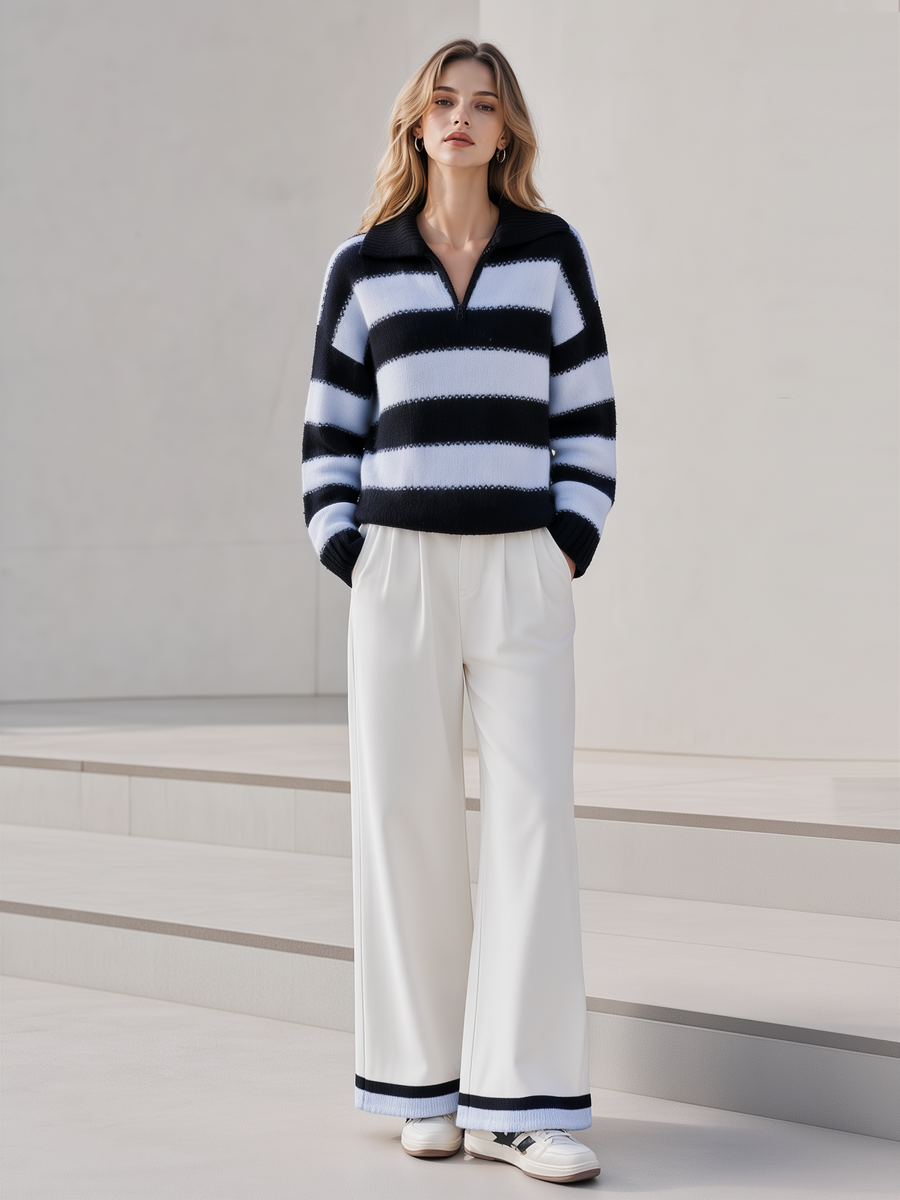 Navy And Light Blue Color-block Striped Collared Sweater Paired With Off-white Wide-leg Trousers