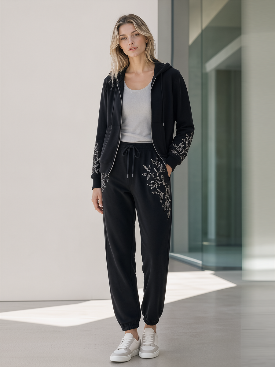 Black Embroidered Straight-fit Zip-up Hoodie And Joggers Set