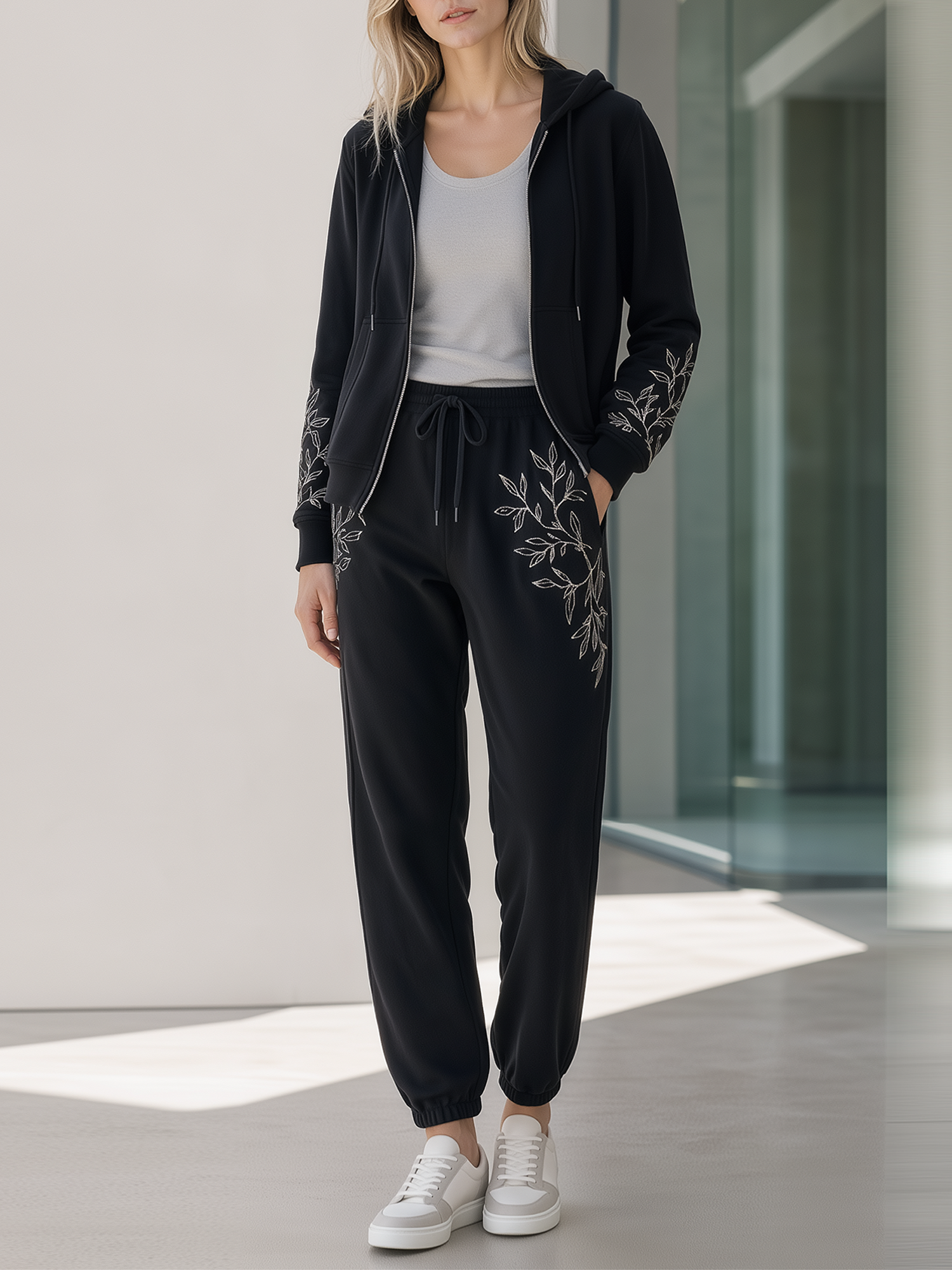 Black Embroidered Straight-fit Zip-up Hoodie And Joggers Set
