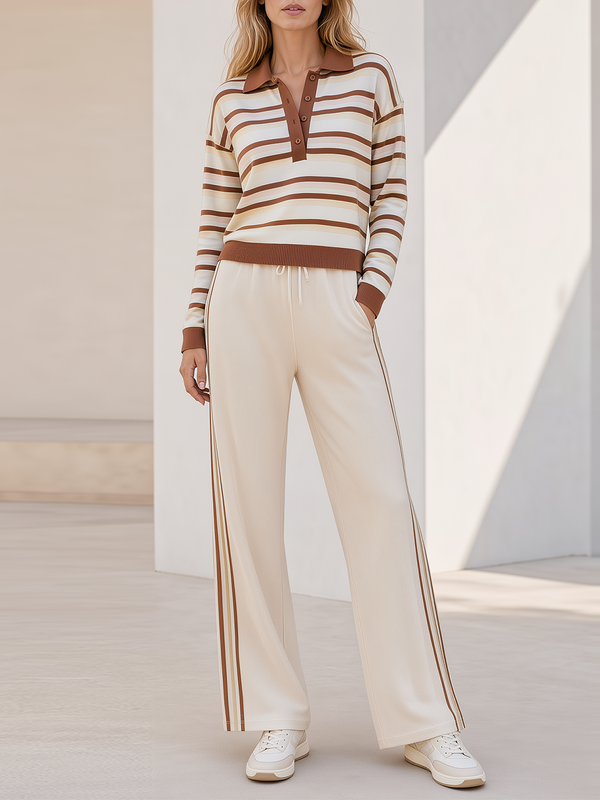 Brown & Beige Striped Polo Knit Top Cream Side Stripe Wide Leg Pants Set