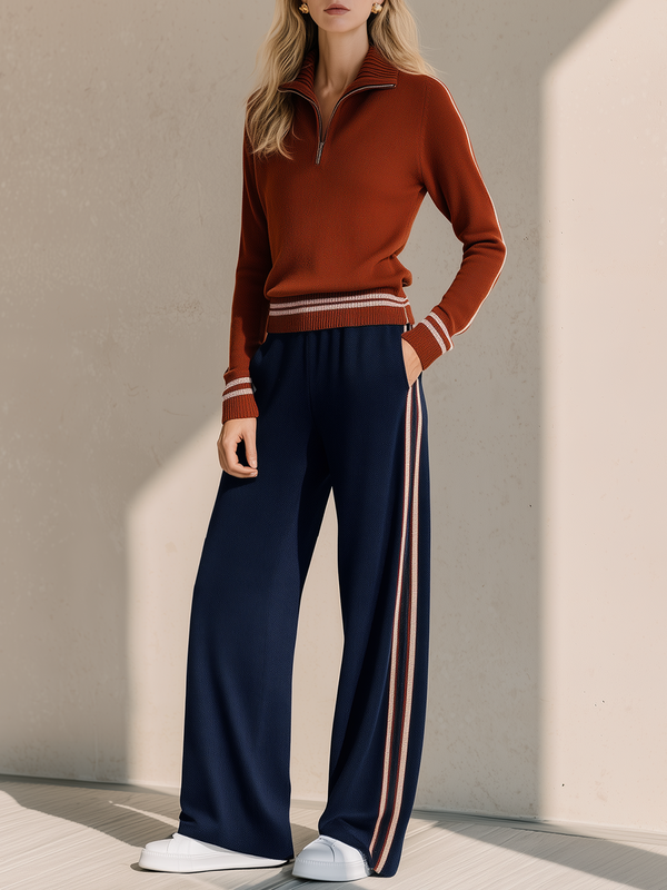 Rust Red Half-Zip Collared Knit Top Navy Side Stripe Wide Leg Pants Set
