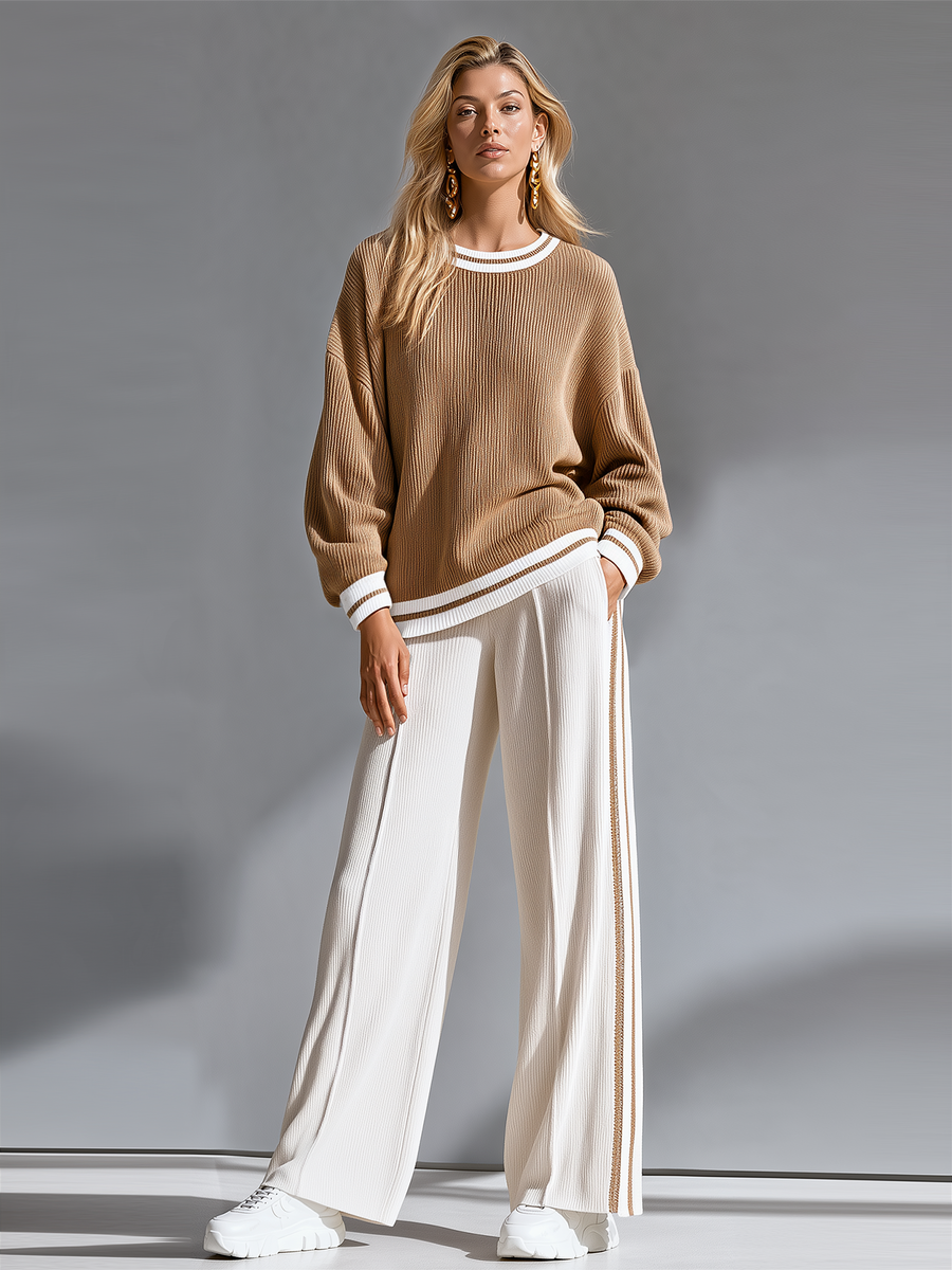 Brown Color-block Ribbed Crew-neck Knit Top And Side-stripe Wide-leg Pants Set