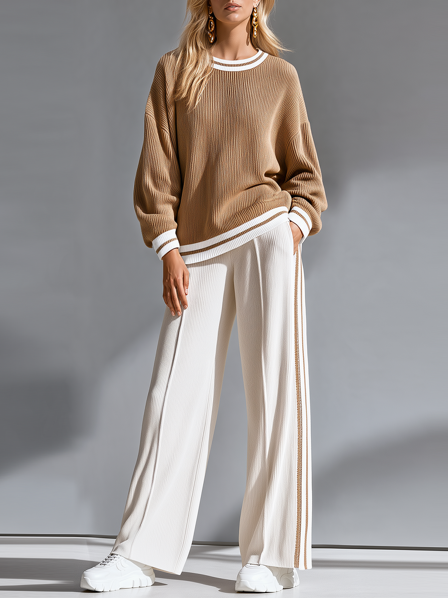 Brown Color-block Ribbed Crew-neck Knit Top And Side-stripe Wide-leg Pants Set