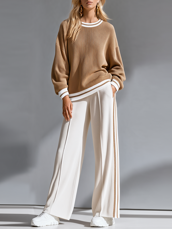 Brown Color-block Ribbed Crew-neck Knit Top And Side-stripe Wide-leg Pants Set