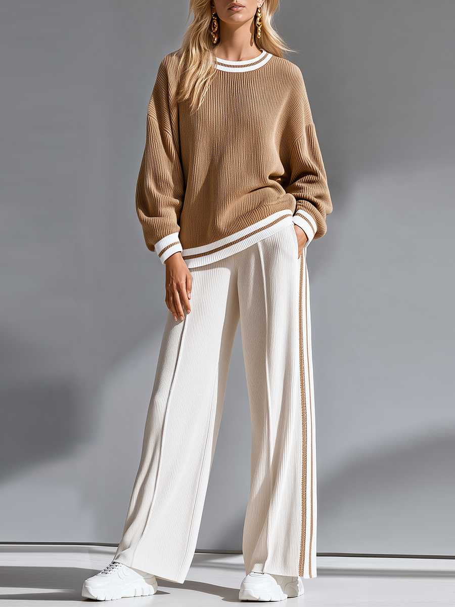 Brown Color-block Ribbed Crew-neck Knit Top And Side-stripe Wide-leg Pants Set