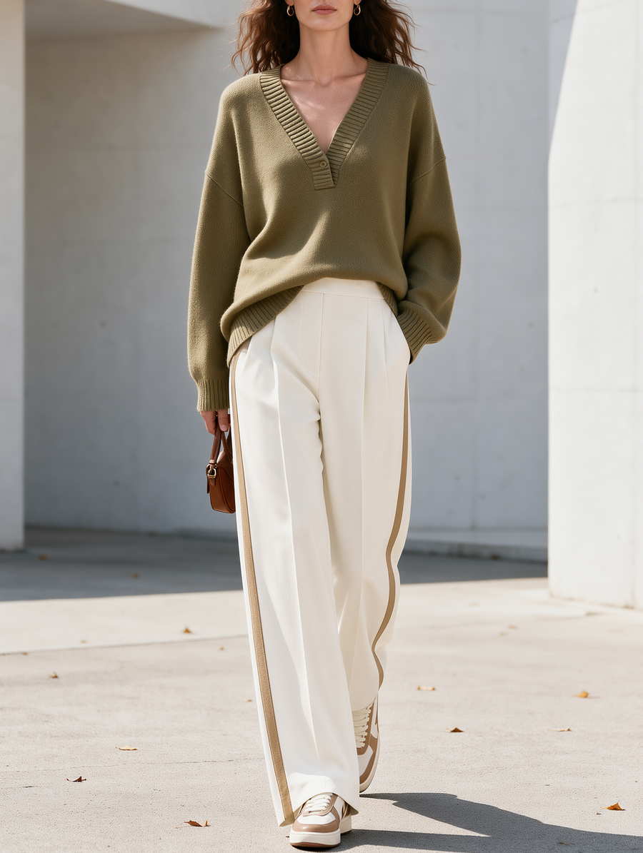 Olive Green V-neck Knit Sweater And Wide-leg Tailored Trousers Set