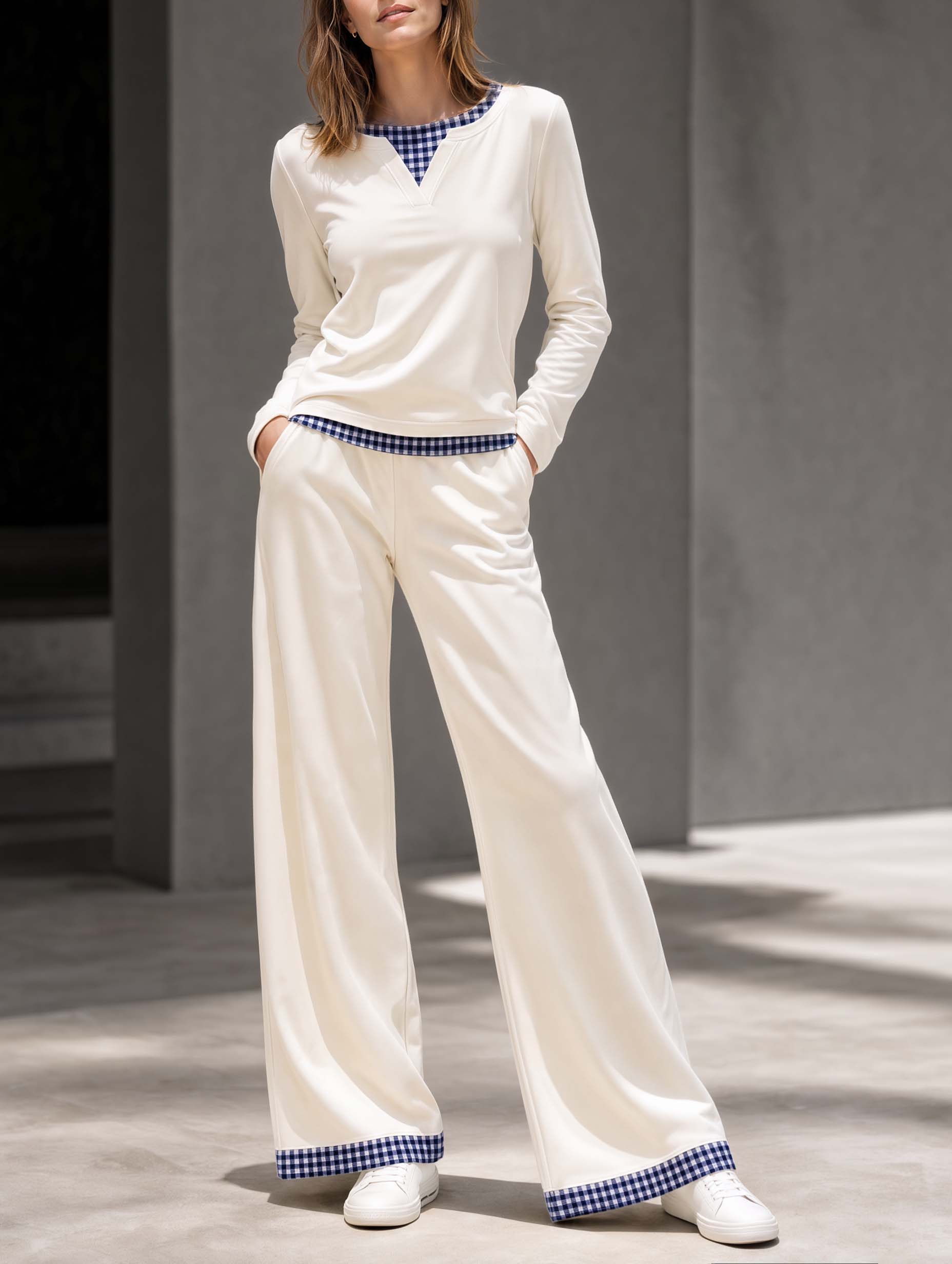 Stylish Cream-white And Navy Plaid Color-block Long-sleeve Top And Wide-leg Trousers Set