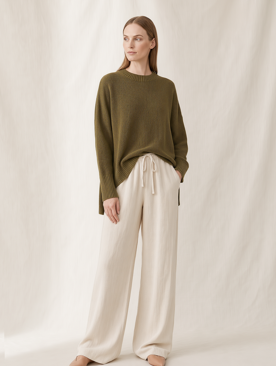 Olive Green Knitted Side-slit Sweater And Wide-leg Trousers Set