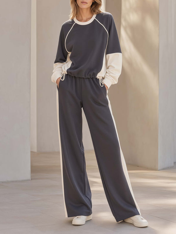 Stylish Sporty Dark Grey Color-block Long-sleeve Crew-neck Top And Trousers Set