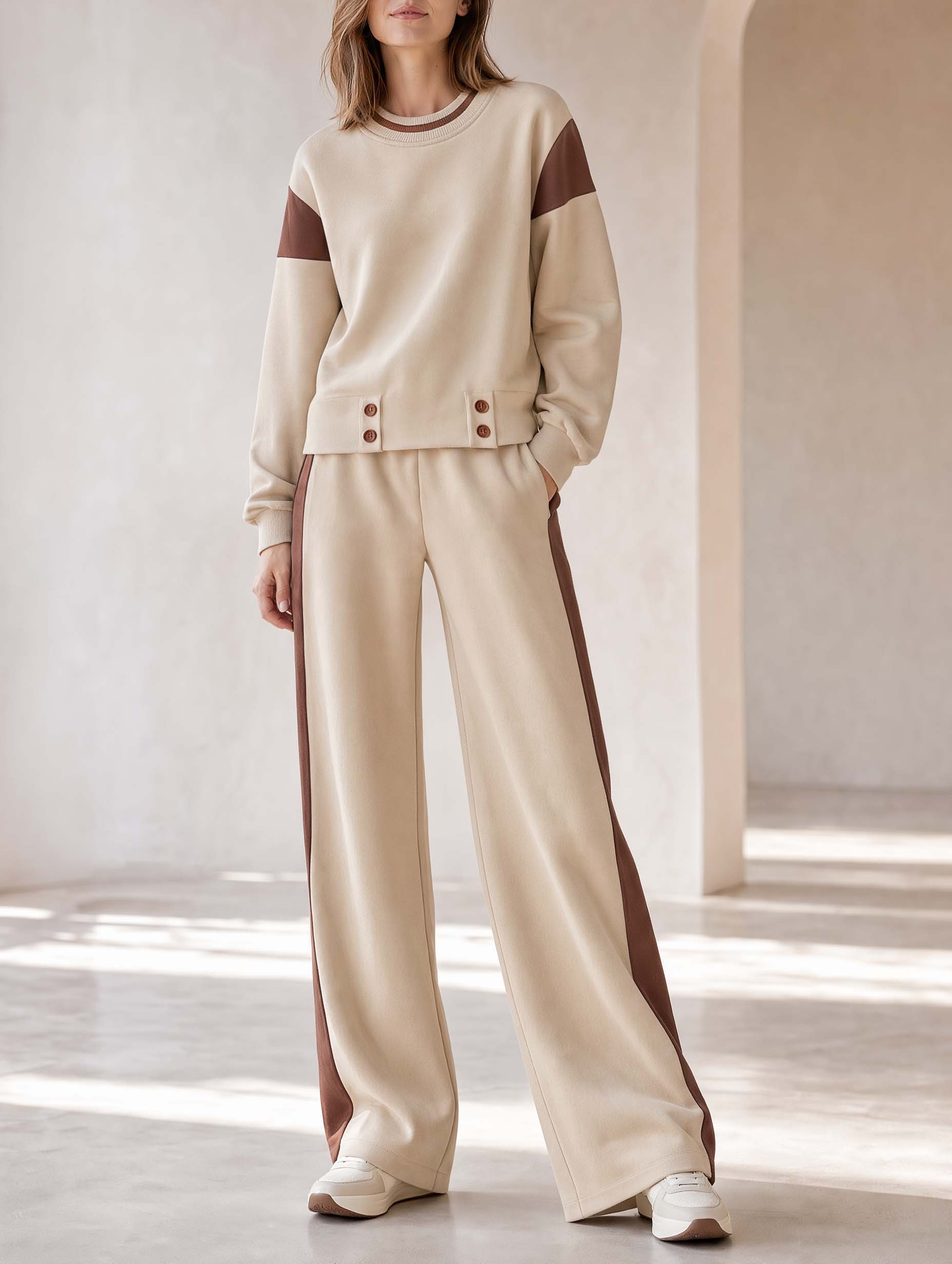 Stylish Khaki Color-Block Long-Sleeve Top And Wide-Leg Pants Set