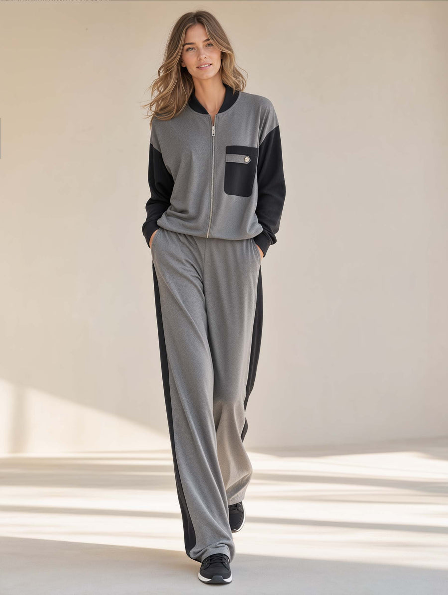Grey And Black Color-block Long-sleeve Jacket And Wide-leg Trousers Set