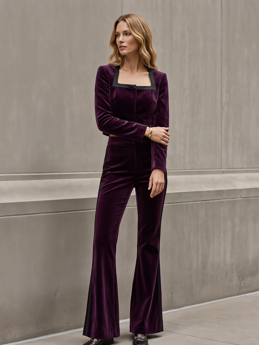 Deep Purple Velvet Jacket And Slim-fit Slight-flare Trouser Set