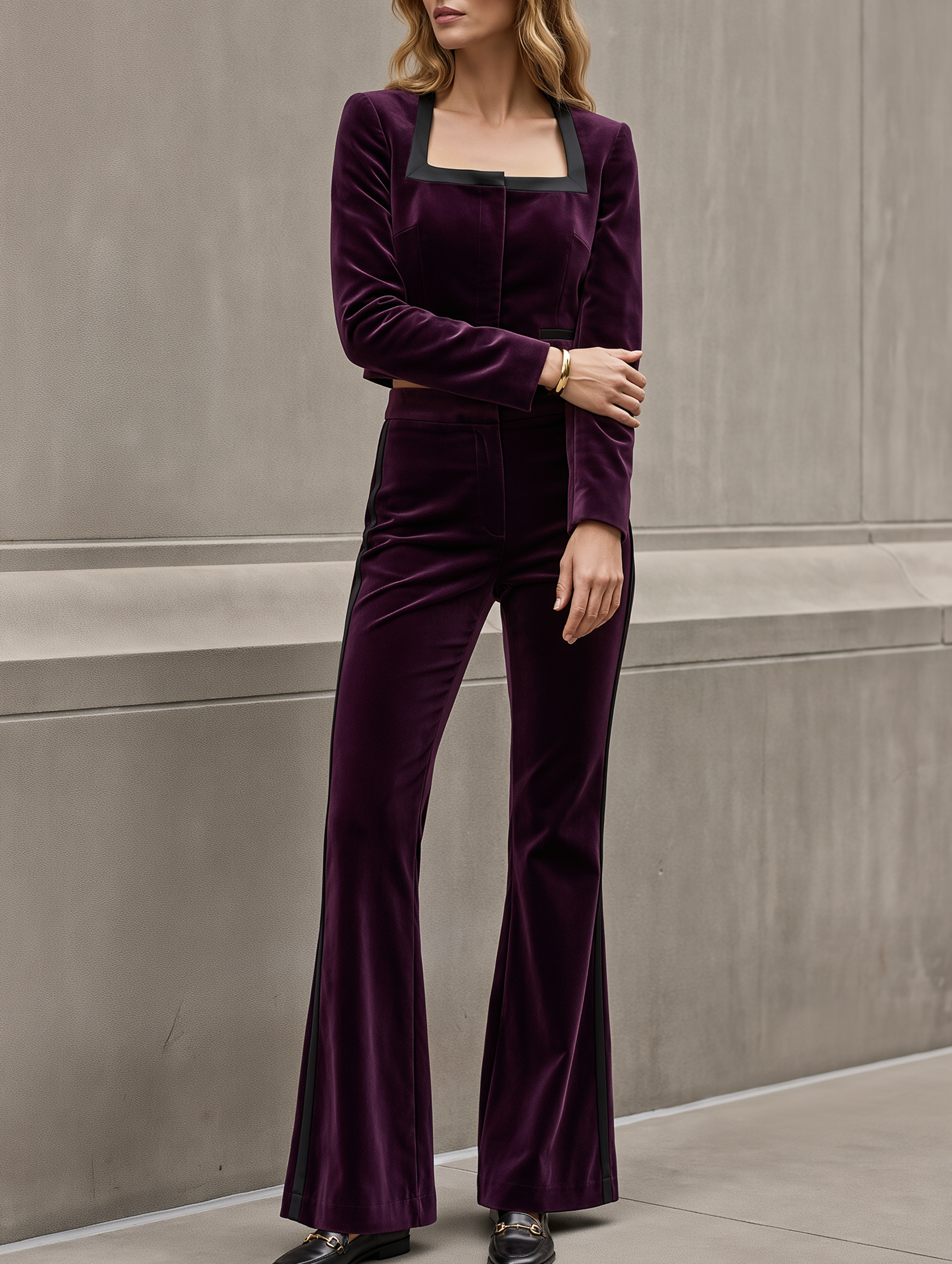 Deep Purple Velvet Jacket And Slim-fit Slight-flare Trouser Set