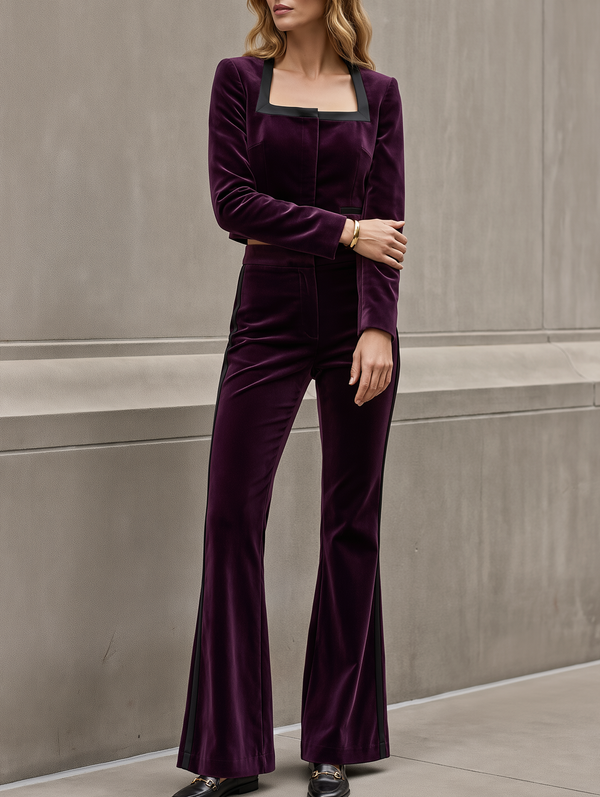 Deep Purple Velvet Jacket And Slim-fit Slight-flare Trouser Set