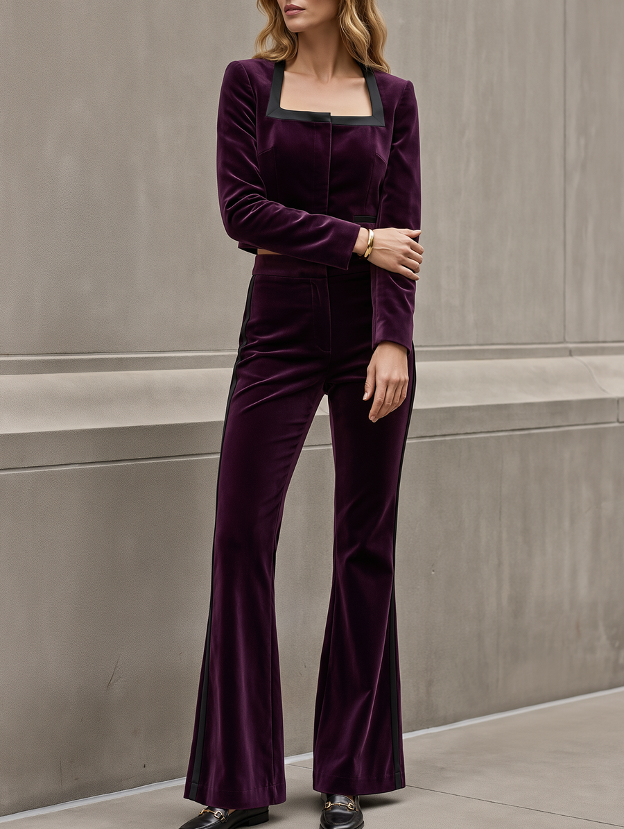 Deep Purple Velvet Jacket And Slim-fit Slight-flare Trouser Set
