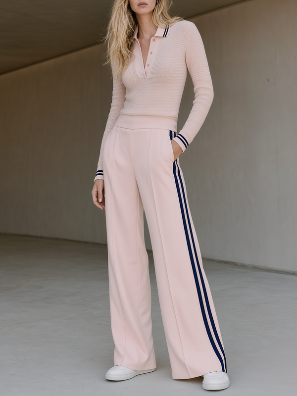 Light Pink Navy Stripe Polo Knit Top Wide Leg Pants Set