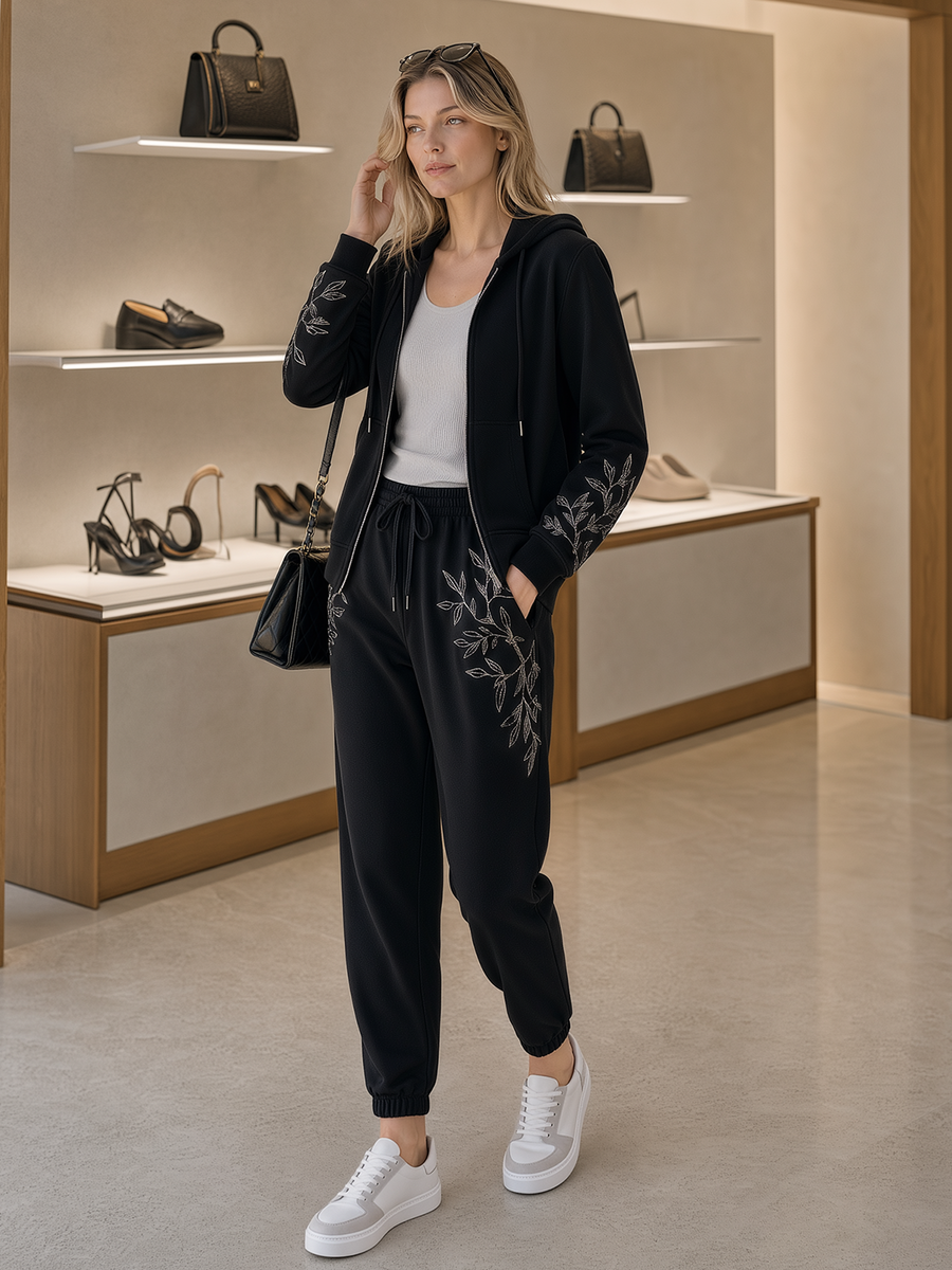Black Embroidered Straight-fit Zip-up Hoodie And Joggers Set