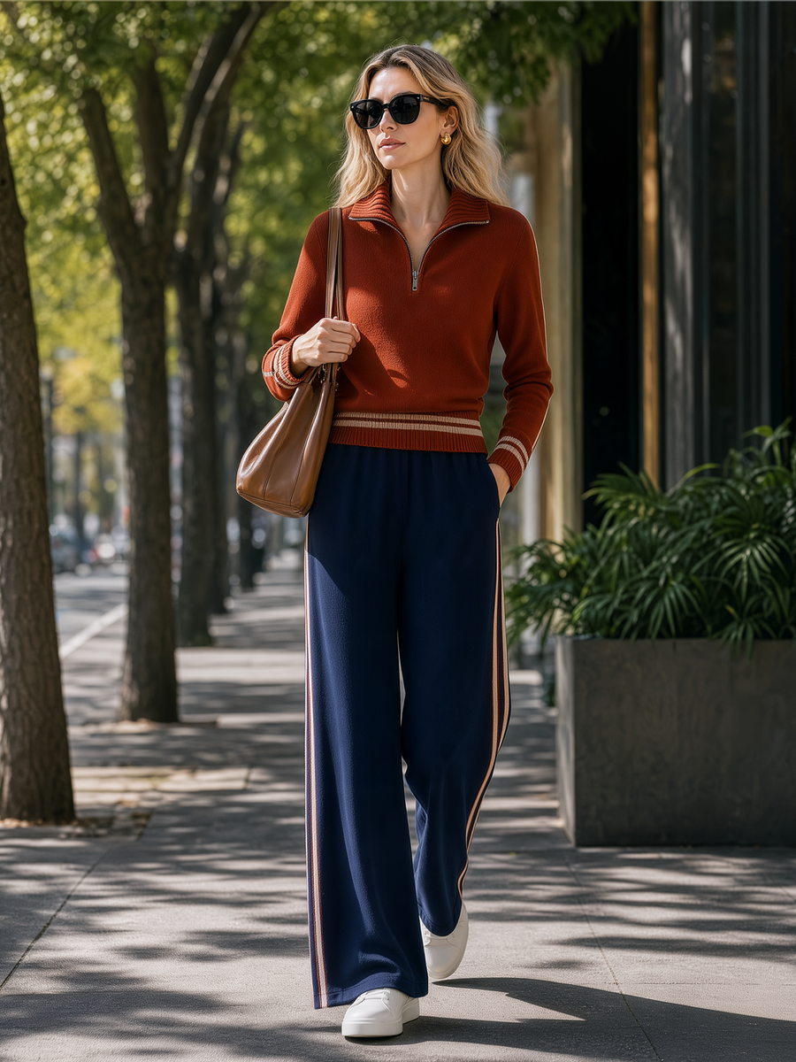 Rust Red Half-Zip Collared Knit Top Navy Side Stripe Wide Leg Pants Set