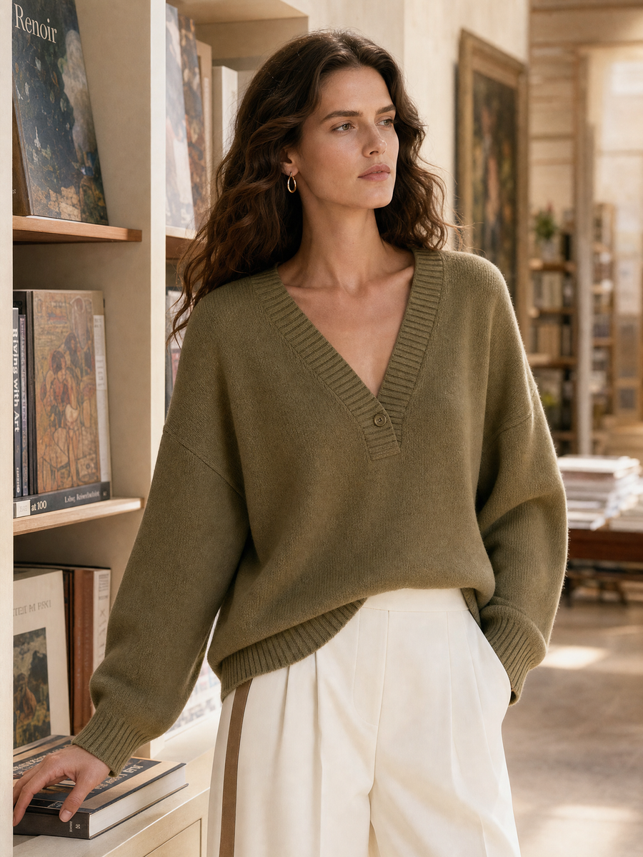 Olive Green V-neck Knit Sweater And Wide-leg Tailored Trousers Set