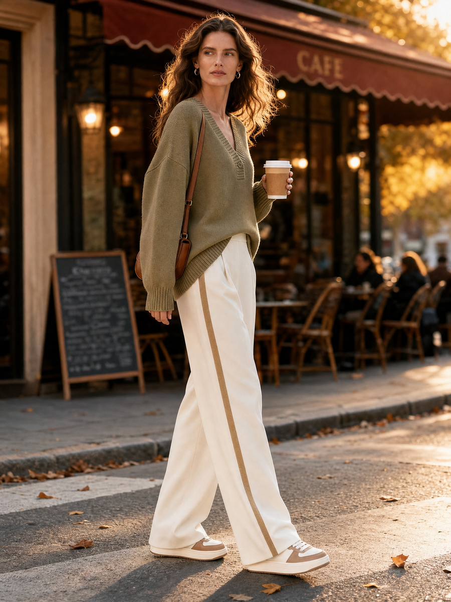 Olive Green V-neck Knit Sweater And Wide-leg Tailored Trousers Set