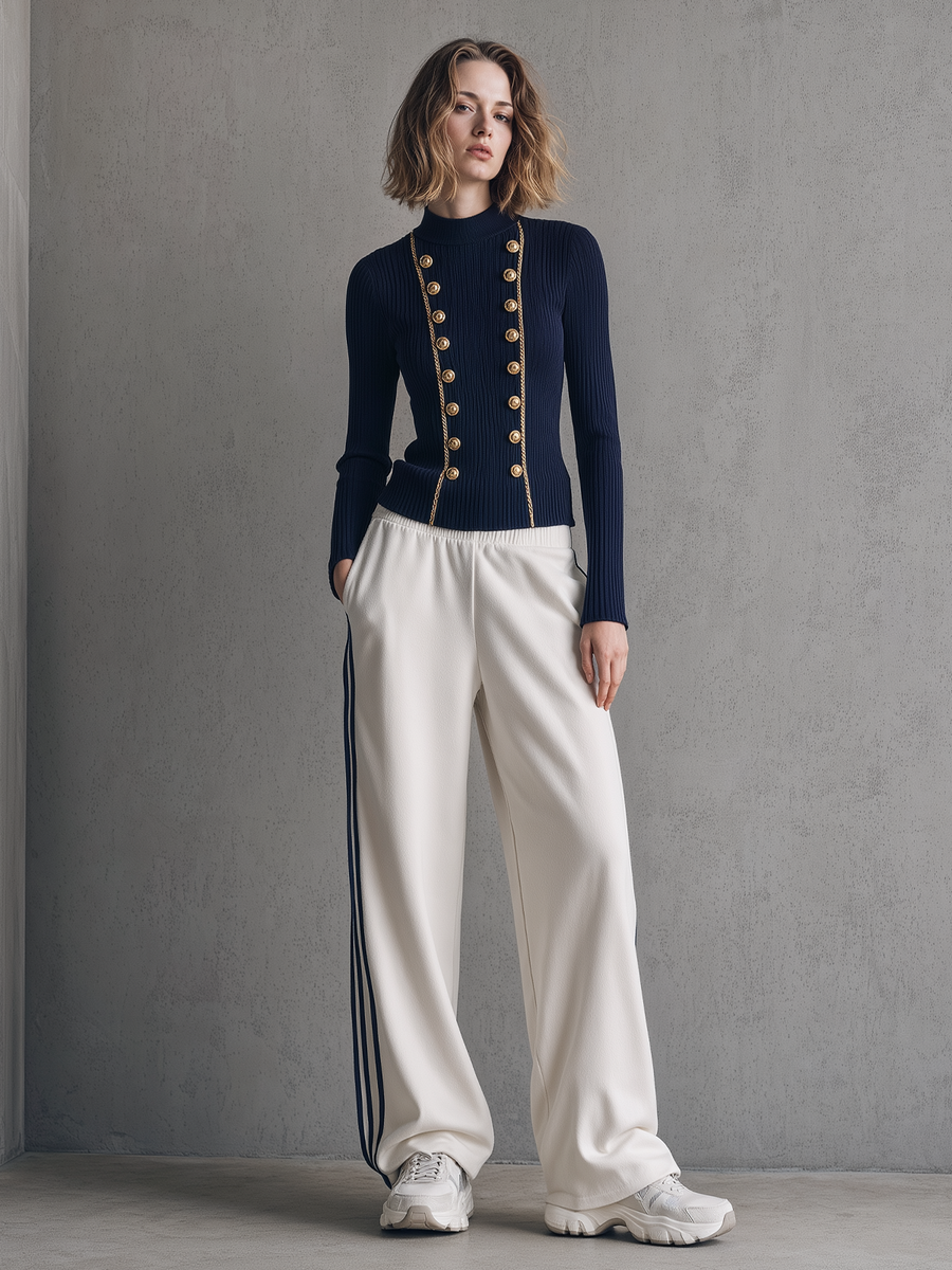 Navy Gold-Button Ribbed Knit Top & Ivory Side-Stripe Wide-Leg Pants Set