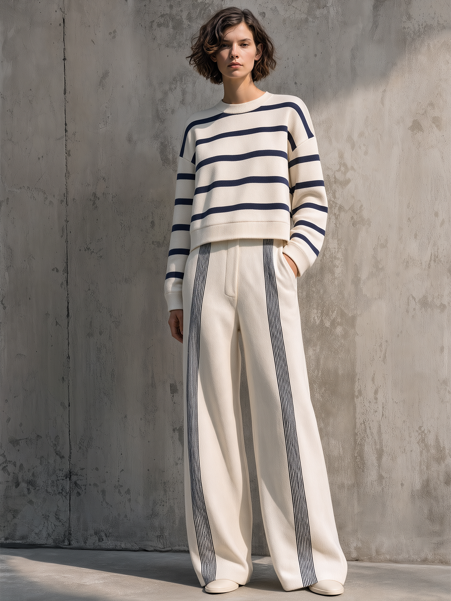 Breton Stripe Cream & Navy Knit Sweater & Wide-Leg Trousers Set