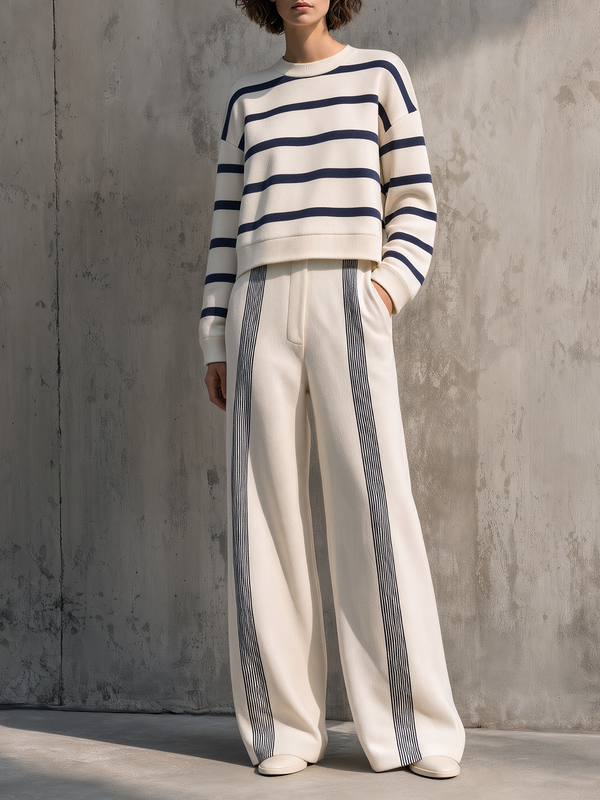 Breton Stripe Cream & Navy Knit Sweater & Wide-Leg Trousers Set