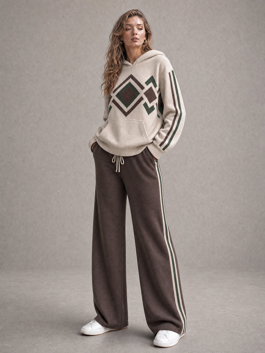 Oatmeal Aztec Knit Hoodie And Side-Stripe Wide-Leg Pants Set