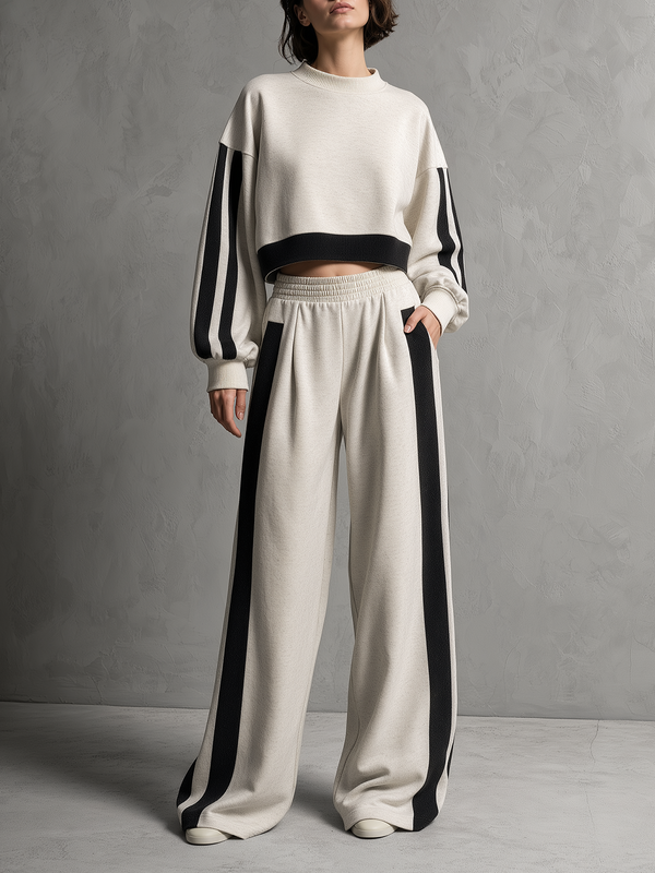 Ecru & Black Cropped Sweatshirt And Wide-Leg Pants Set