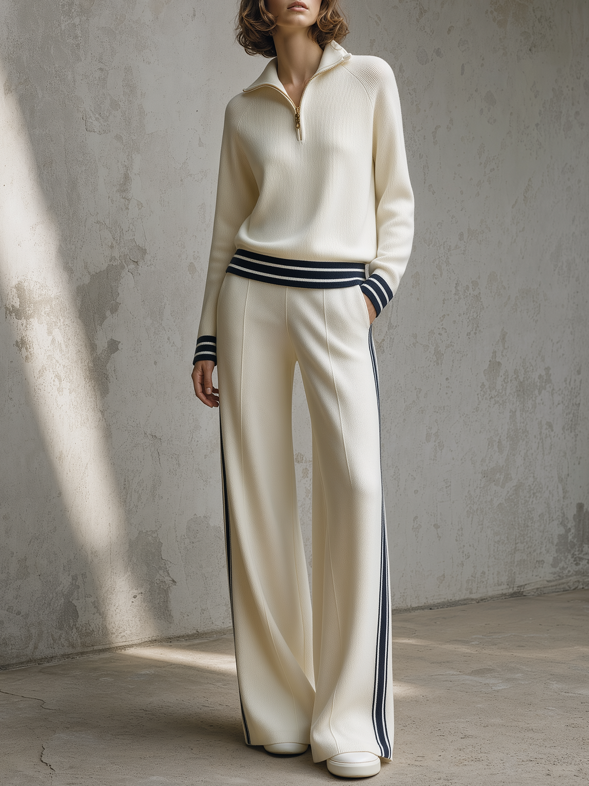 Ivory Half-Zip Knit Pullover And Navy Stripe Wide-Leg Pants Set