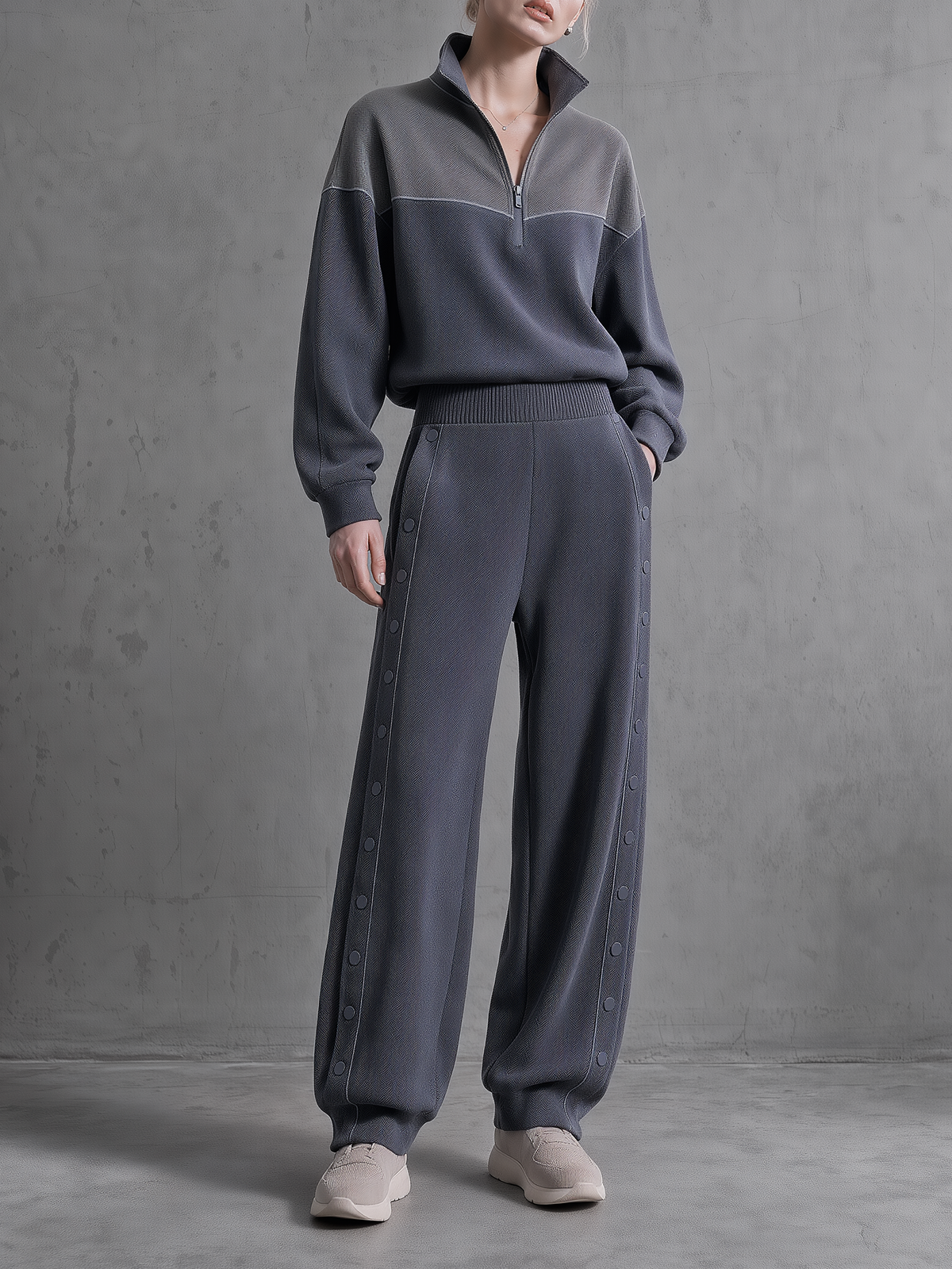 Grey & Navy Half-Zip Pullover And Wide-Leg Pants Set