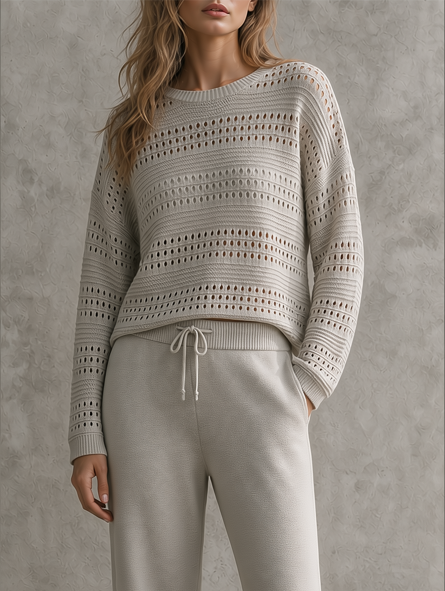 Oatmeal Pointelle Knit Drop-Shoulder Sweater