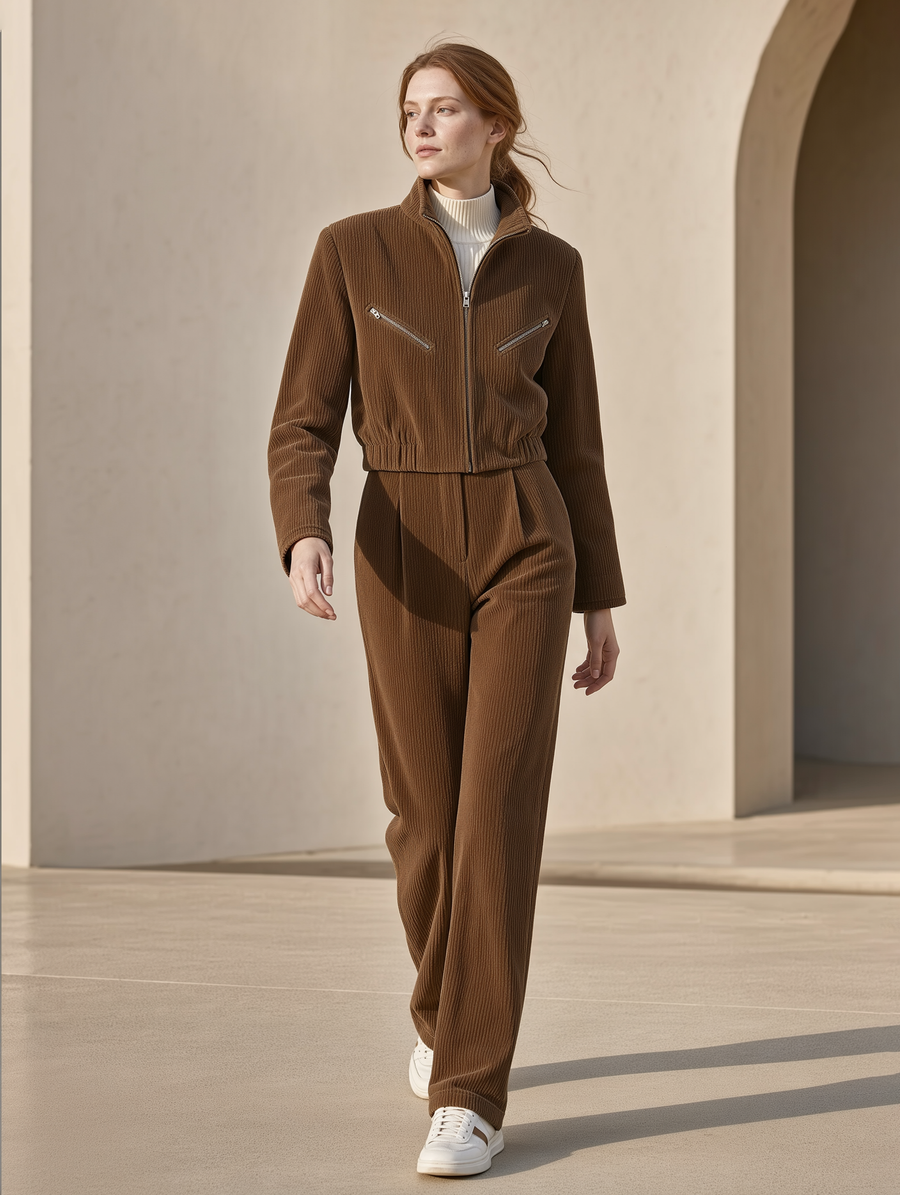 Brown Corduroy Zip-up Jacket And Wide-leg Trousers Set