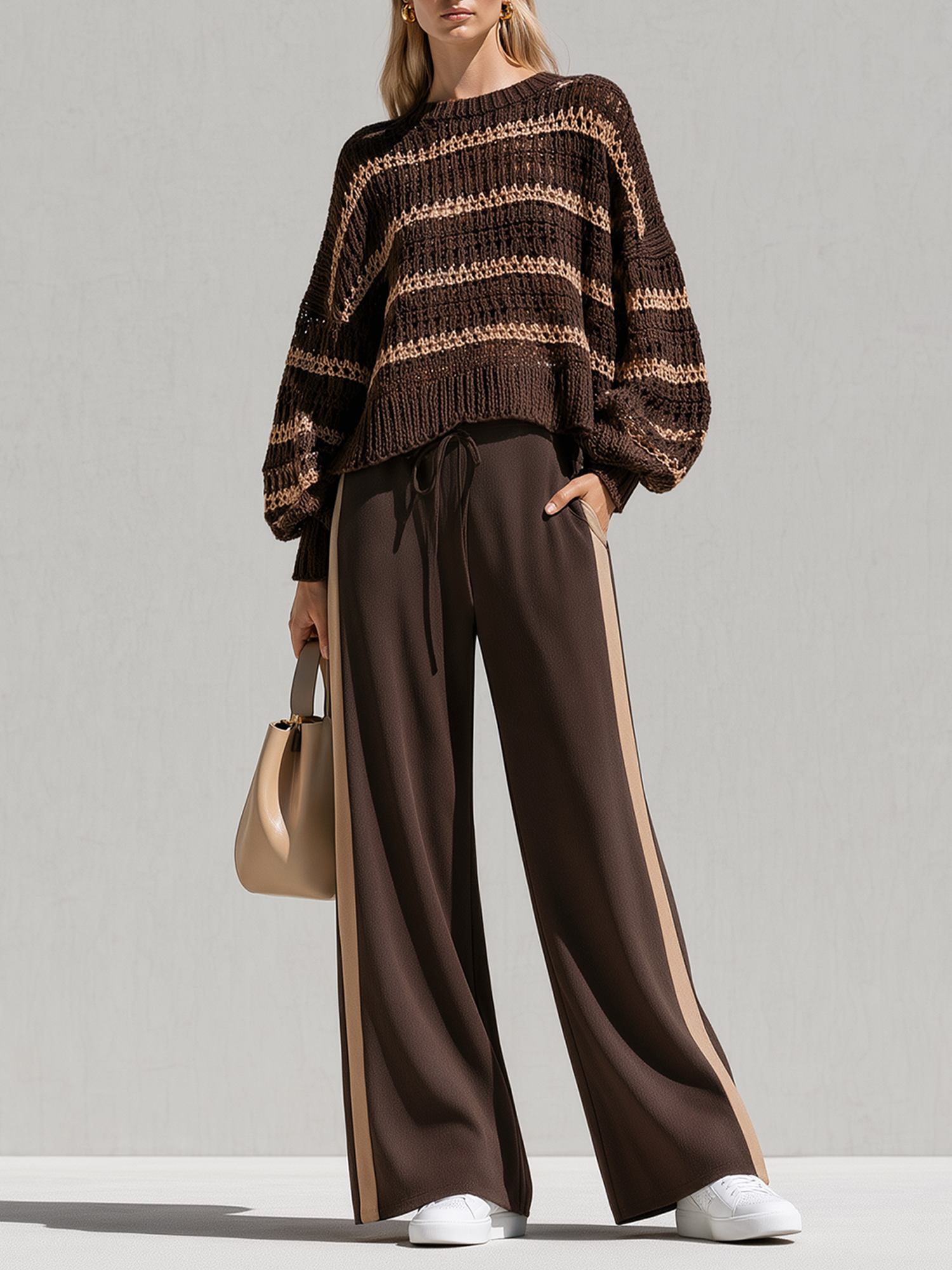 Brown Color-block Cutout Striped Sweater And Side-stripe Wide-leg Pants Set