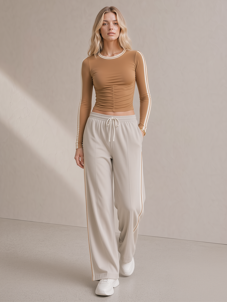 Camel-tone Color-block Striped Pleated Long-sleeve Top And Oatmeal Wide-leg Trousers Set
