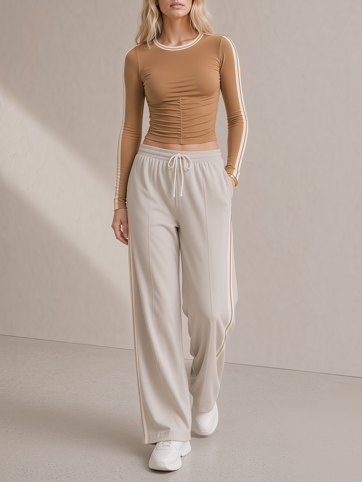 Camel-tone Color-block Striped Pleated Long-sleeve Top And Oatmeal Wide-leg Trousers Set