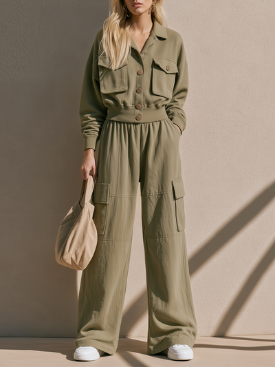 Olive Green Collared Cargo Jacket Multi-Pocket Wide Leg Cargo Pants Set
