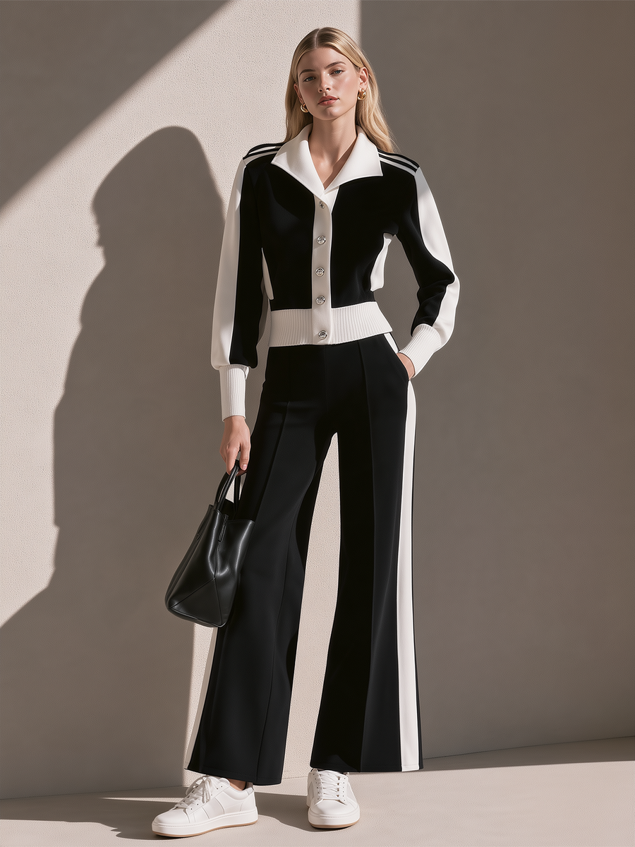 Black And White Color-block Collared Button-up Top And Side-stripe Slight-flare Wide-leg Trousers Set